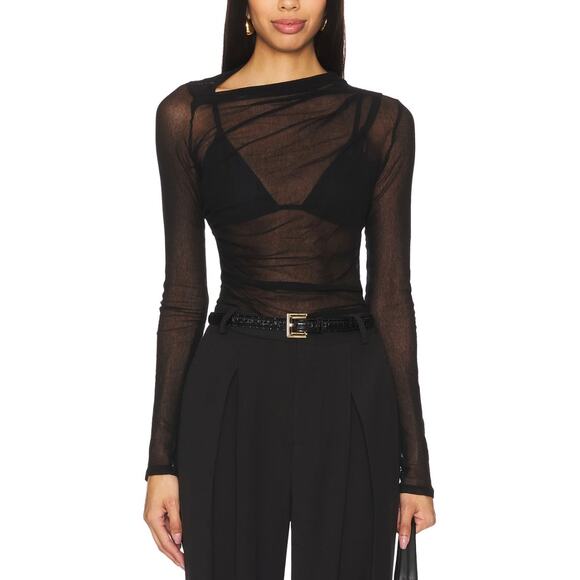 ENZA COSTA Cotton Mesh Slash Top Women Small Black Sheer Long Sleeve Layer NEW - Picture 1 of 16
